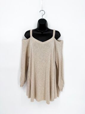 Umgee Neutral Ribbed Cold Shoulder Top Tan Large